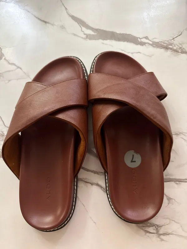 ALDO Women’s Brown Criss-Cross Slide Sandals – Leather Slip-On Flat Sandals - Image 5