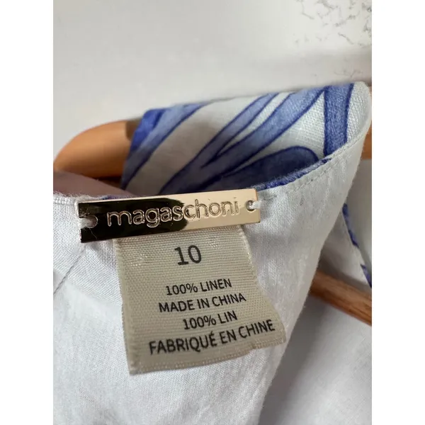 Magaschoni Linen Midi Dress Women 10 Blue White Coastal Cutout Resortwear - Image 8