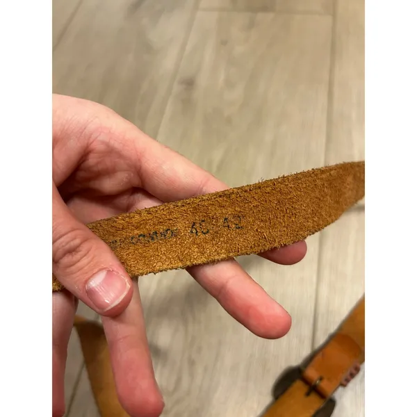 Vintage Tan Genuine Leather Belt Brass Distressed Buckle Made in Italy 40/42 - Image 4