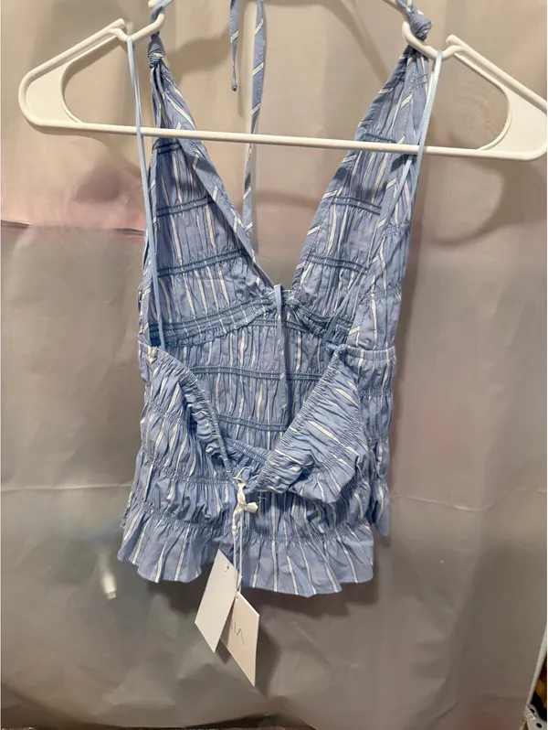 NIA Blue and White Striped Halter Top with Ruffle Hem, Size XS NWT - Image 2