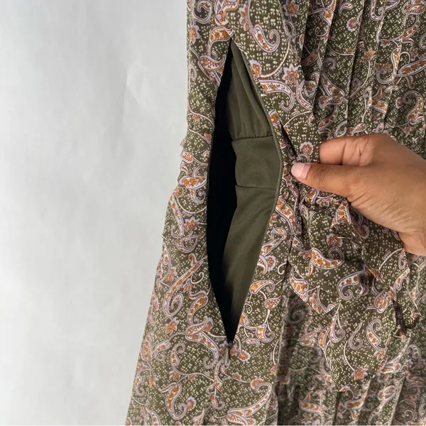 Love Riche Chiffon Olive Paisley Ruffle Long Sleeve Peasant Tiered Maxi‎ Dress M - Image 12