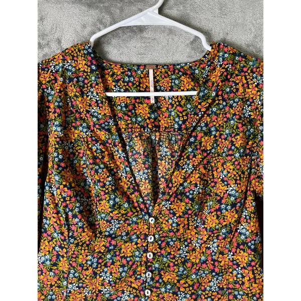 Free People Floral‎ Peplum Blouse Women's Small Puff Sleeve Button Front Boho - Image 2