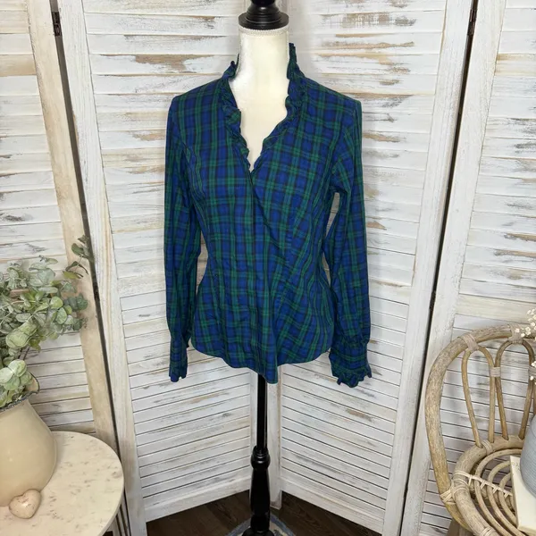 BROOKS BROTHERS Women's 8 Tartan Navy Plaid Long Sleeve Button Top Ruffle Neck - Image 14