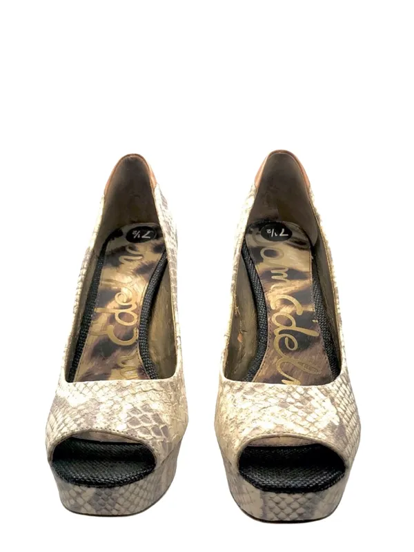 Sam Edelman "Tacoma" Taupe & Brown Leather Snakeskin Print Peep-Toe Heels - Image 5