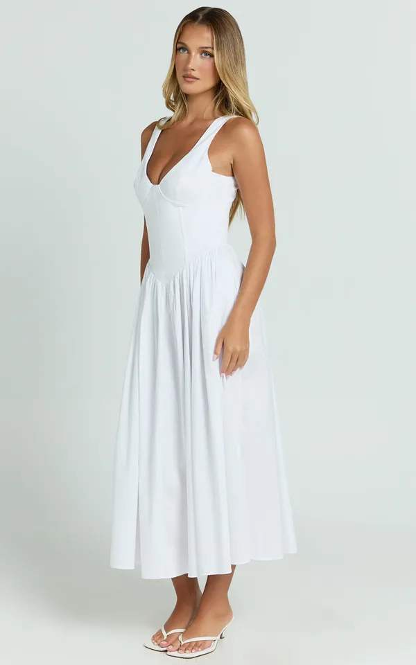 Showpo New Beckett Midi Dress Scoop Neck Drop V Waist Gathered Dress Size Medium - Image 4