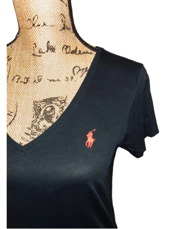 Women's Polo Ralph Lauren V-Neck Tee - Black & Red - Size L - Image 2