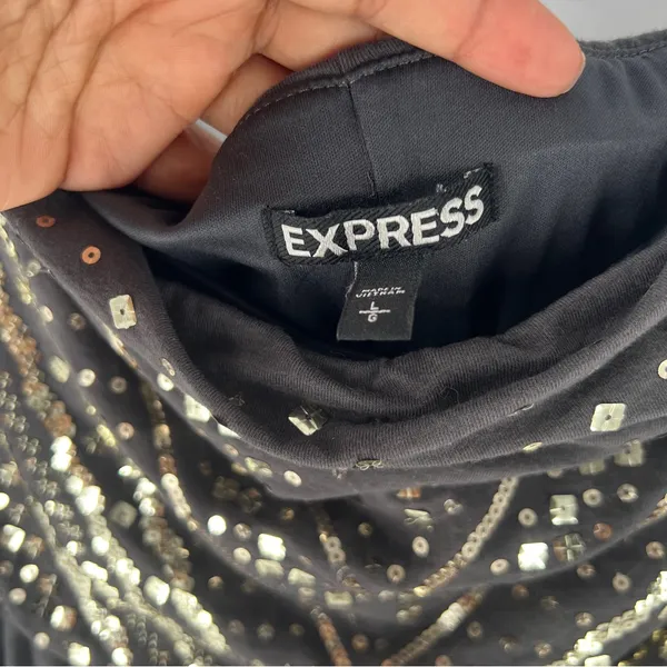 Express‎ Gray Stretch Knit Sequin Embellished Strapless Maxi Dress Dress Slit L - Image 6