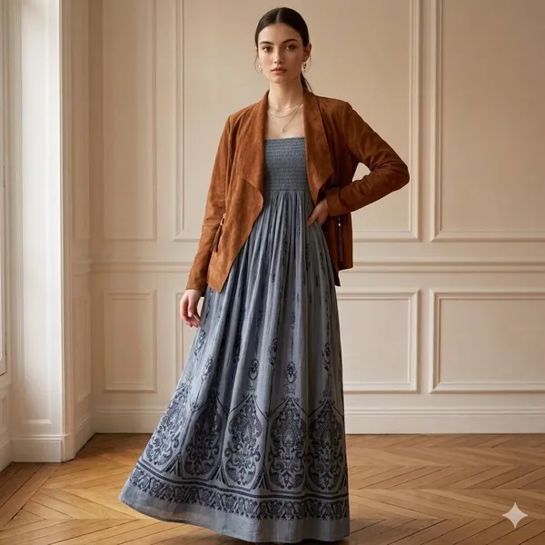Lapis Anthropologie Womens Strapless Smocked Maxi Dress Damask Floral Boho OS - Image 6
