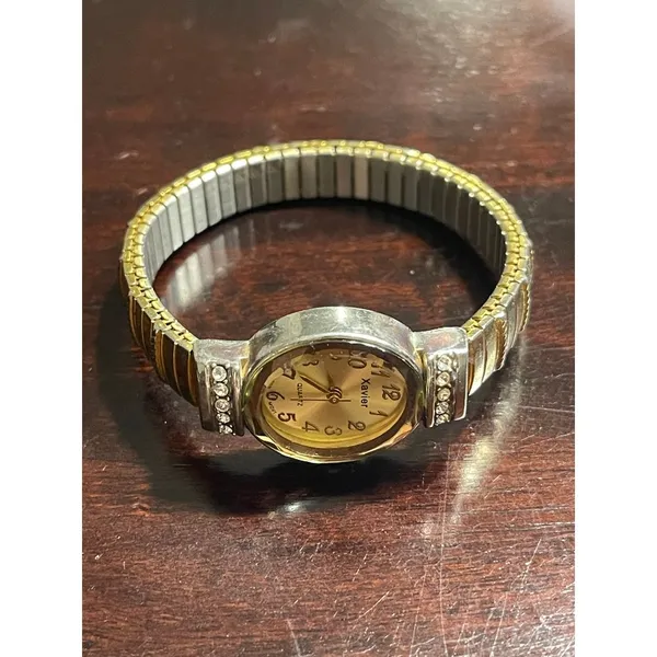 Xavier Vintage Two-Tone Crystal Accent‎ Stretch Band Watch Gold Silver @J - Image 2