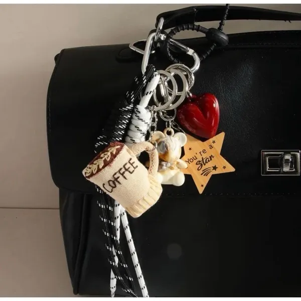 Cute Coffee Cup & Bear Keychain Set with Heart‎ Charm and Ropes – Aesthetic Bag - Image 2