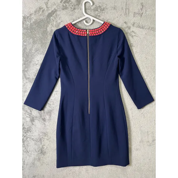 Lilly Pulitzer Bennett Dress Navy Blue‎ Pink Beaded Trim Shift Classic Preppy 2 - Image 3