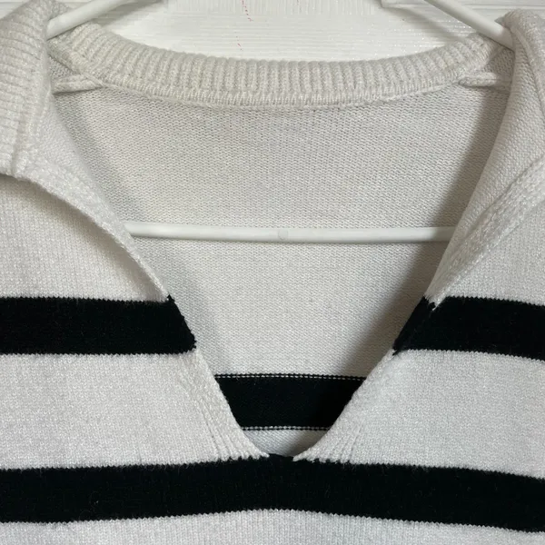 BERSHKA White Navy Blue Striped V Neck Sweater Sailor Summer Size M womens - Image 5