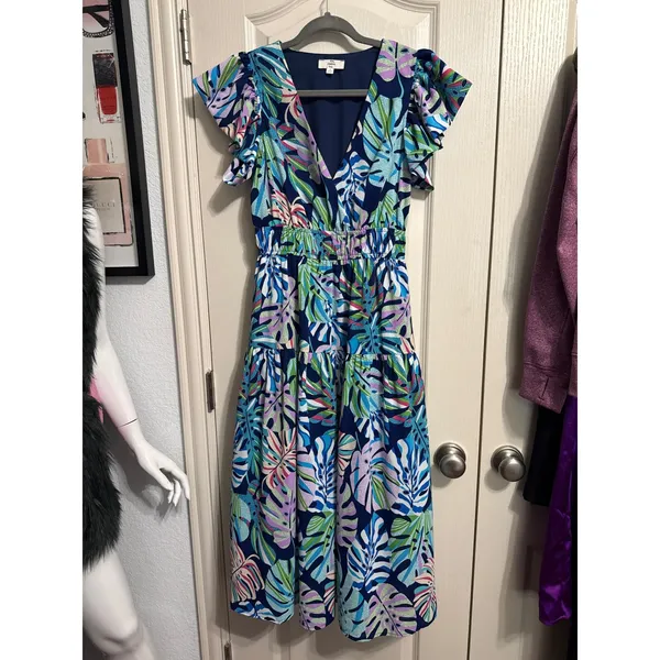 Entro Tropical Monstera Leaf Flutter Sleeve Tiered Midi Dress Maximalist‎ Resort - Image 3