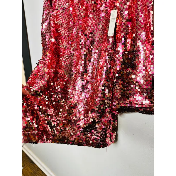 ANTHROPOLOGY MAEVE Pink Sequin Mock Neck Bell Sleeve Mini Dress NWT Size XS - Image 11