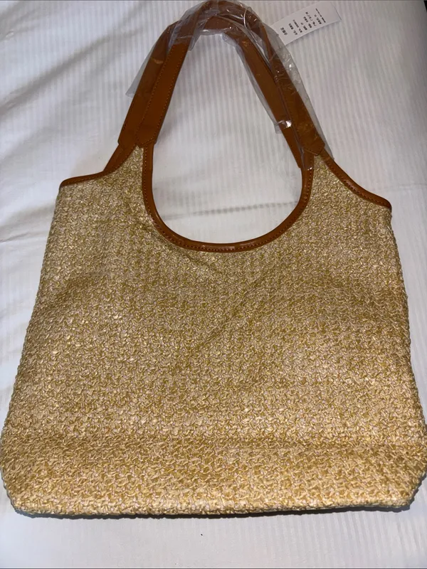 Tan And Brown Tote Bag…Both Faux Leather And Faux Straw “Paris/Milan”Design Nwts - Image 4