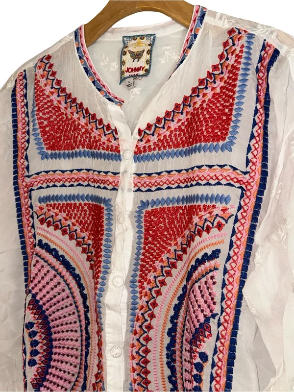 Johnny Was Women’s Size S White Pink Red Blue Embroidery Button Down Blouse - Image 8
