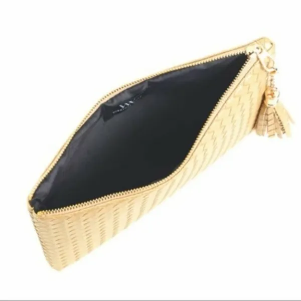 NWT Virginia Wolf Woven Tassel Clutch Champagne Gold Metallic Vegan Leather OS - Image 2