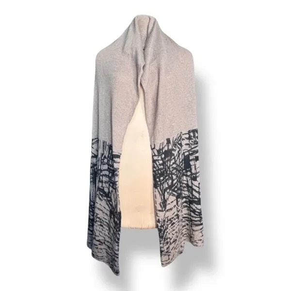 Neutral Taupe Beige Abstract Art Knit Shawl Wrap Poncho Scarf Lightweight‎ Layer - Image 2