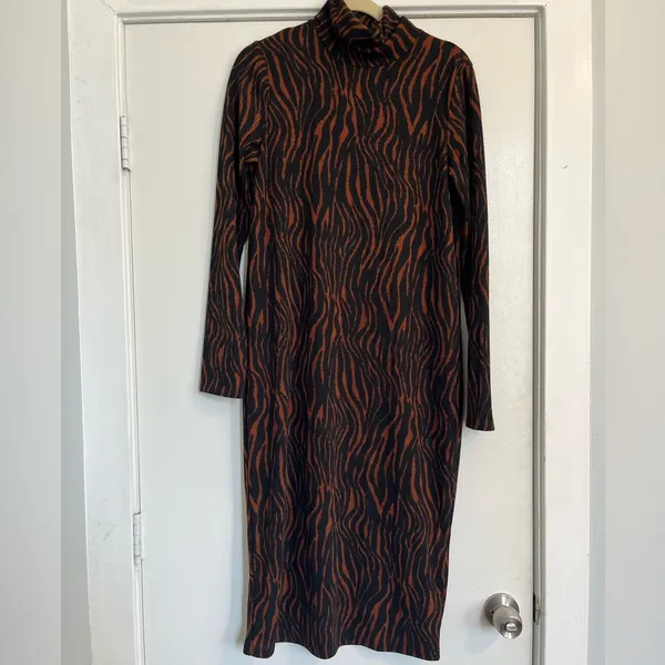 Zara Black Midi Dress Brown Black zebra tiger animal Print turtleneck longsleeve - Image 3