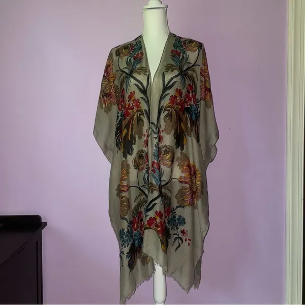 Tan Boho Floral Ruana Longline Shawl Lightweight Wrap - Image 15
