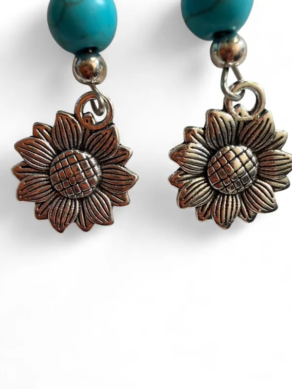 Handmade Turquoise & Silver Sunflower Dangle Earrings - Image 2