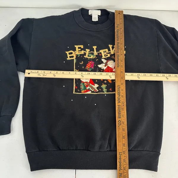 Vintage Quaker Factory Believe Christmas Sweatshirt Santa Angel Black WomenLarge - Image 7