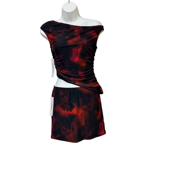 Princess Polly Maribella Set Black Red Abstract Ruched Mini Skirt Two Piece US 4 - Image 2