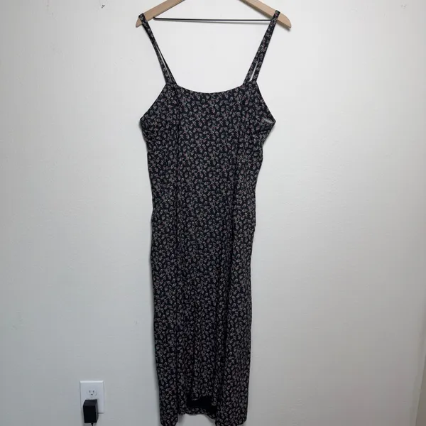 90s Handmade Women Indie Grunge Maxi Dress Small Black Ditsy Floral Square Neck - Image 8