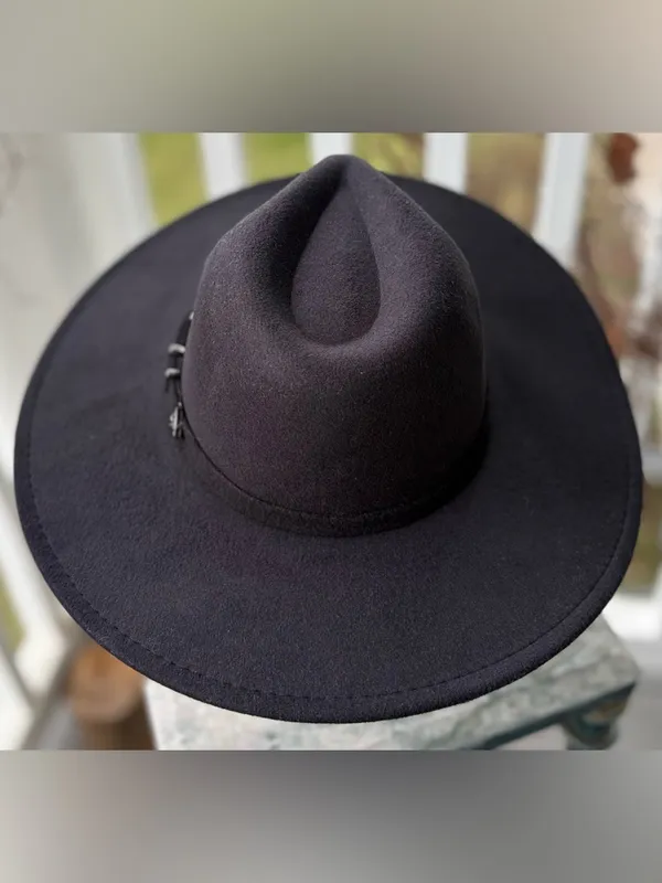 NWT Frye Black Wool Felt Wide Brim Hat 3” Brim Adjustable Western Fedora OS RARE - Image 3