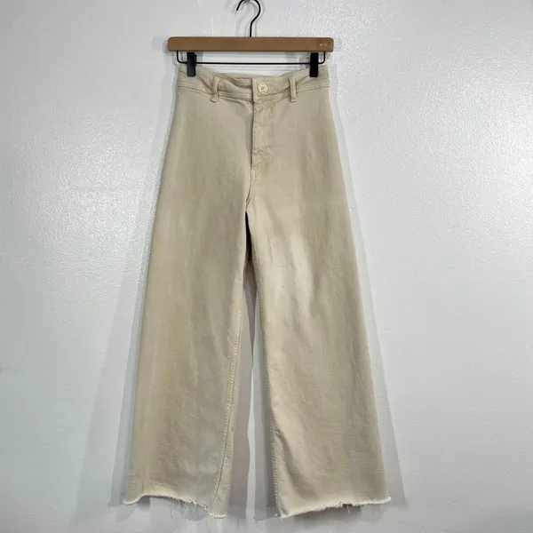 ZARA The Marine Straight High Rise Jeans Women 4 Beige Raw Hem Wide Leg Denim - Image 3