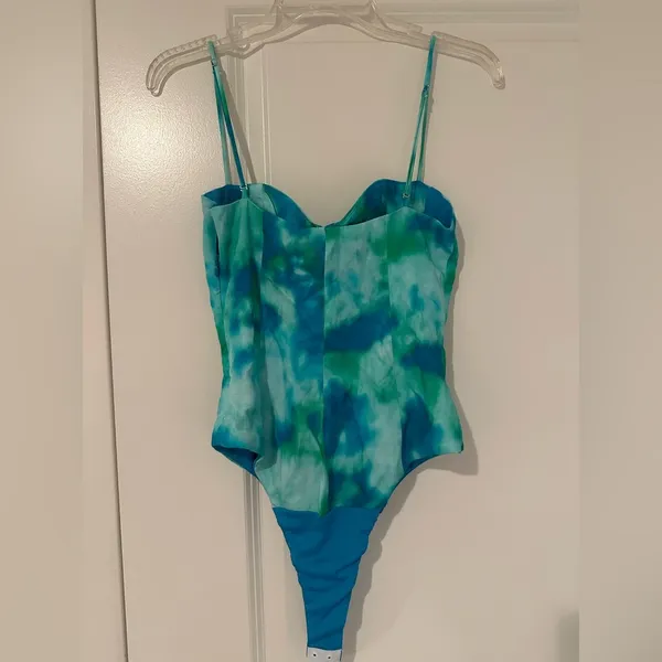 Blue/Green Watercolor Satin Effect Bustier Bodysuit - Image 6