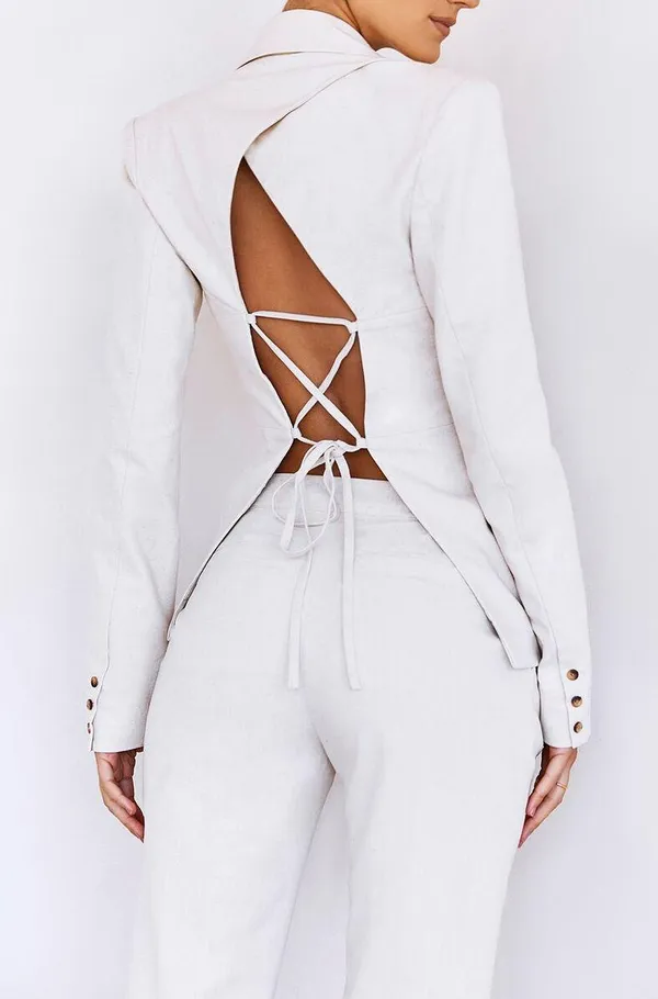 House Of CB Being White Open Back Lace Up Suit blazer Jacket Top Blouse Shirt - Image 5