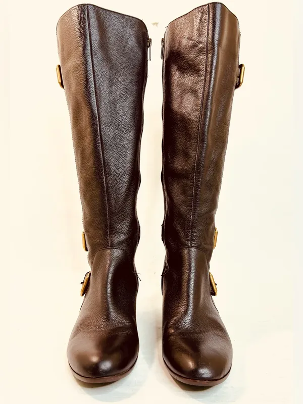 Isola Dark Brown Leather Riding Boots, Stacked Heels, Brass Buckles, size 9.5 - Image 7