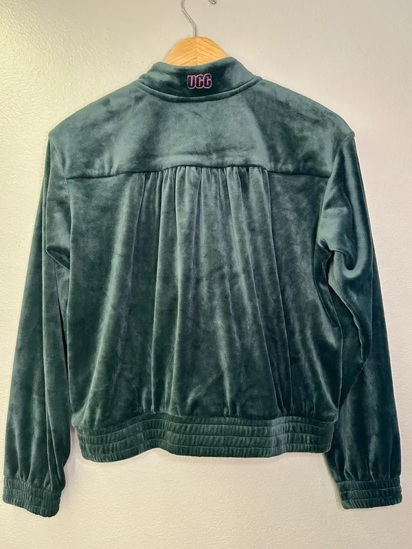 NWT UGG Devaney Bomber Jacket Dark Green Velour Velvet Full Zip Hot Pink - Image 8