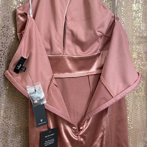 Lulus impressive style mauve satin halter bodycon mini dress, size L NWT - Image 9