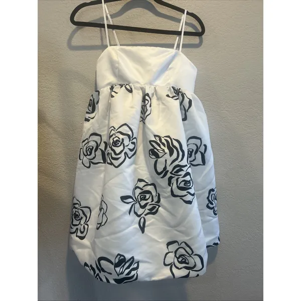 Maeve Anthropologie Square Neck Babydoll Mini Dress White Black Rose Print XS - Image 2