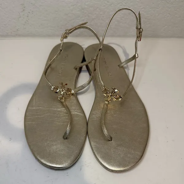 TORY BURCH Capri Strap Sandal Spark Gold Size 8 T-Strap Thong Metallic Logo - Image 3