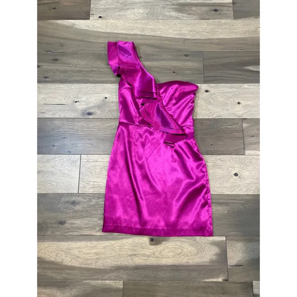Hailey Logan by Adrianna Papell Satin One Shoulder Ruffle Dress Size M Pink - Image 5