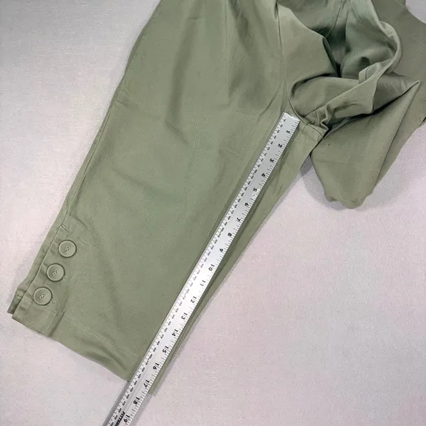Womens Sage Green Cropped Capri Pants Elastic Back Button Hem Detail - Image 4