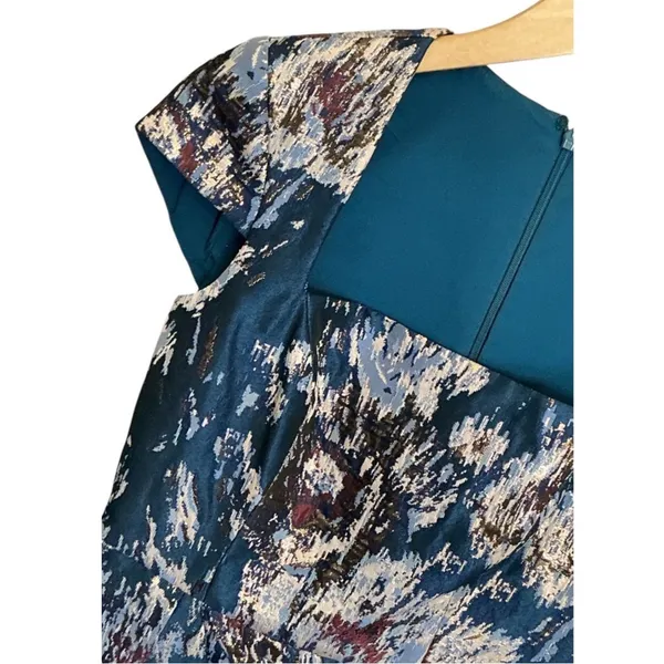 Kay Unger New York Teal Metallic Floral Brocade Tulip Cocktail Dress Size 0 - Image 4