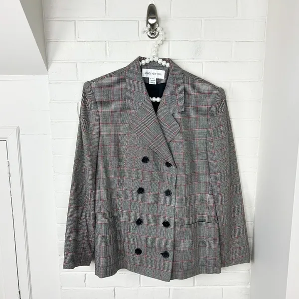Vintage Jones New York Plaid Herringbone Houndstooth Double Breasted Blazer - Image 2