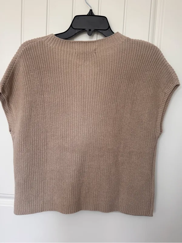 LILLUSORY Taupe 100% Cotton Cap Sleeve Pocket Knit Sweater Top L‎ - Image 3