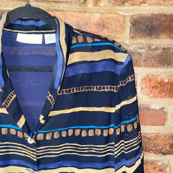 Dana Buchman Blue Brown Striped Silk Striped Button Down Shirt Women's Size 12P - Image 2