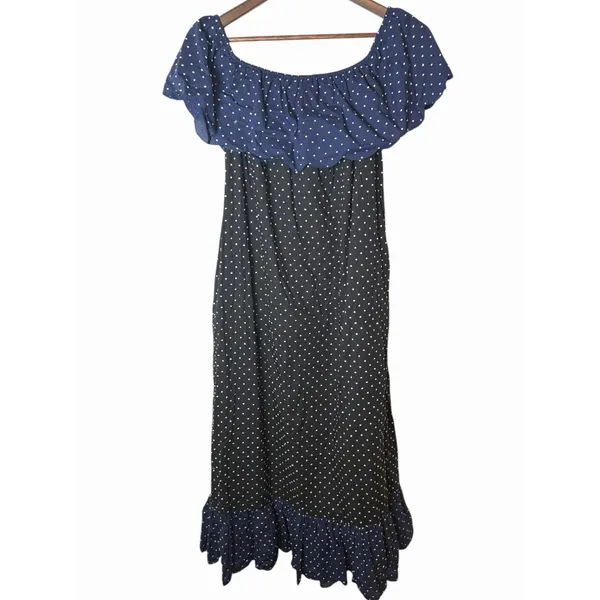 Marysia Resort Dress Black Navy White Off The Shoulder Polka Dot Scalloped Small - Image 6