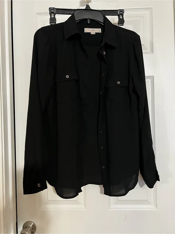 LOFT Black Sheer Button-Up Blouse - Image 2
