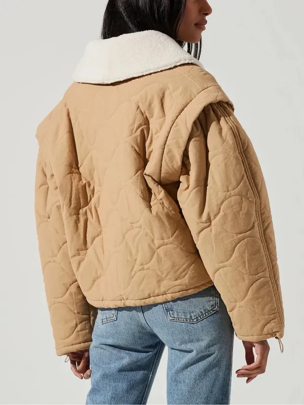 ASTR The Label Nadine Quilted Faux Shearling Jacket Tan Size Medium - Image 3