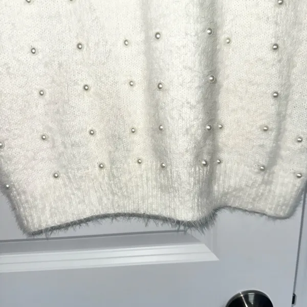 Pink Lily Small Ivory White Embellished Pearl Sweater Holiday Winter Mini Dress - Image 6