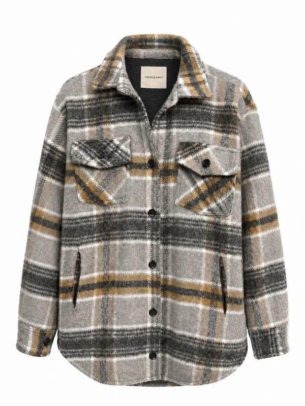 Thread & Supply Charcoal Taupe Plaid Fleece Shacket Women’s S - Image 2
