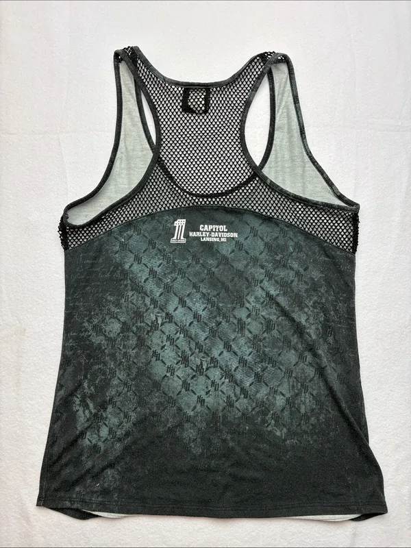 Harley-Davidson size large y2k rhinestone Black Skull Racerback Tank Mesh biker - Image 8