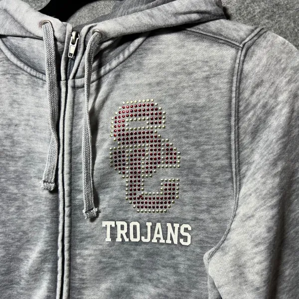 USC Her Style‎ Trojans Rhinestone Zip Up Hoodie Gray So Cal 80 Medium - Image 2